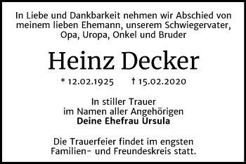 Traueranzeige von Heinz Decker von Super Sonntag Dessau-Roßlau