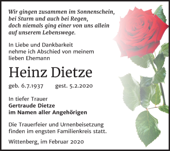 Traueranzeige von Heinz Dietze von Super Sonntag Wittenberg