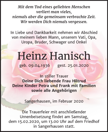 Traueranzeige von Heinz Hanisch von Mitteldeutsche Zeitung Sangerhausen