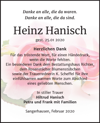 Traueranzeige von Heinz Hanisch von Mitteldeutsche Zeitung Sangerhausen