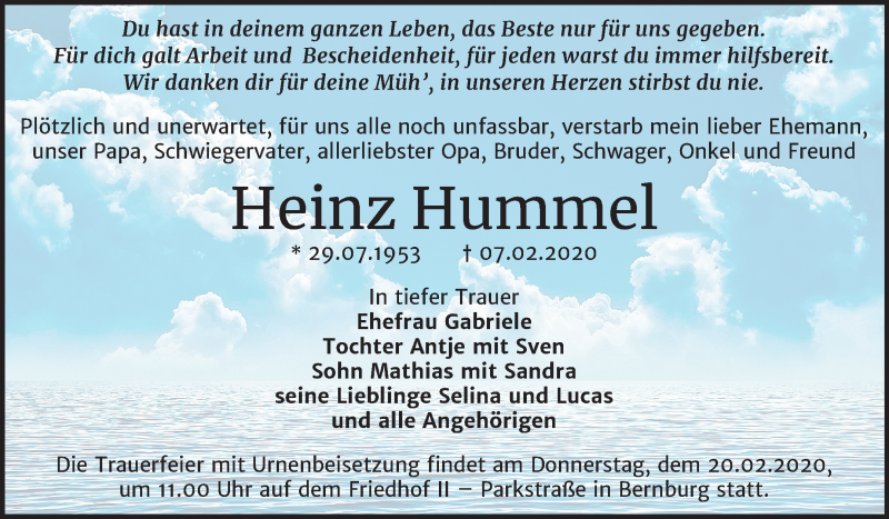  Traueranzeige für Heinz Hummel vom 15.02.2020 aus Super Sonntag Bernburg