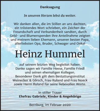 Traueranzeige von Heinz Hummel von Super Sonntag Bernburg