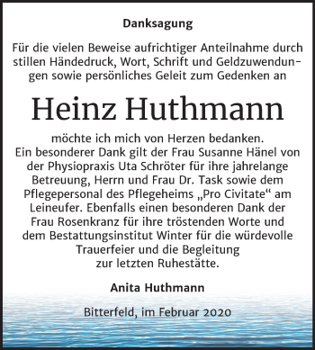 Traueranzeige von Heinz Huthmann von Wochenspiegel Bitterfeld