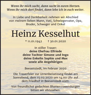 Traueranzeige von Heinz Kesselhut von Mitteldeutsche Zeitung Halle/Saalkreis