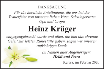 Traueranzeige von Heinz Krüger von Super Sonntag Sangerhausen
