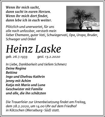 Traueranzeige von Heinz Laske von Super Sonntag Merseburg/Querfurt