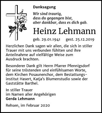 Traueranzeige von Heinz Lehmann von Super Sonntag Wittenberg
