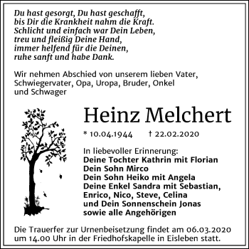 Traueranzeige von Heinz Melchert von Super Sonntag Mansfelder Land