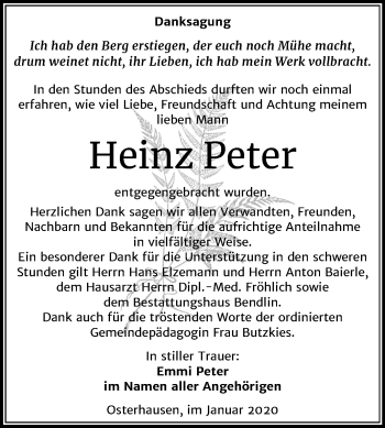 Traueranzeige von Heinz Peter von Wochenspiegel Mansfelder Land