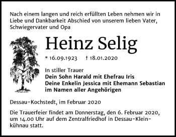 Traueranzeige von Heinz Selig von Super Sonntag Dessau-Roßlau