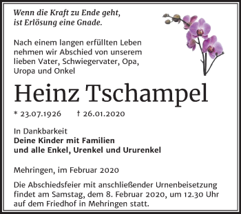 Traueranzeige von Heinz Tschampel von Super Sonntag Aschersleben