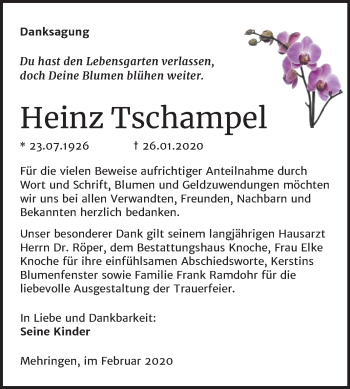 Traueranzeige von Heinz Tschampel von Super Sonntag Aschersleben