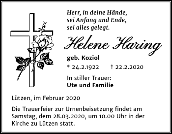 Traueranzeige von Helene Haring von Mitteldeutsche Zeitung Weißenfels