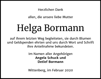 Traueranzeige von Helga Bormann von Super Sonntag Wittenberg
