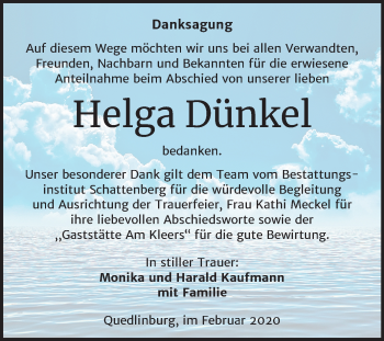Traueranzeige von Helga Dünkel von Mitteldeutsche Zeitung Quedlinburg
