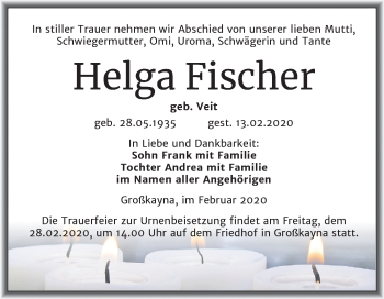 Traueranzeige von Helga Fischer von Mitteldeutsche Zeitung Merseburg/Querfurt