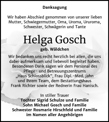 Traueranzeige von Helga Gosch von Super Sonntag Sangerhausen