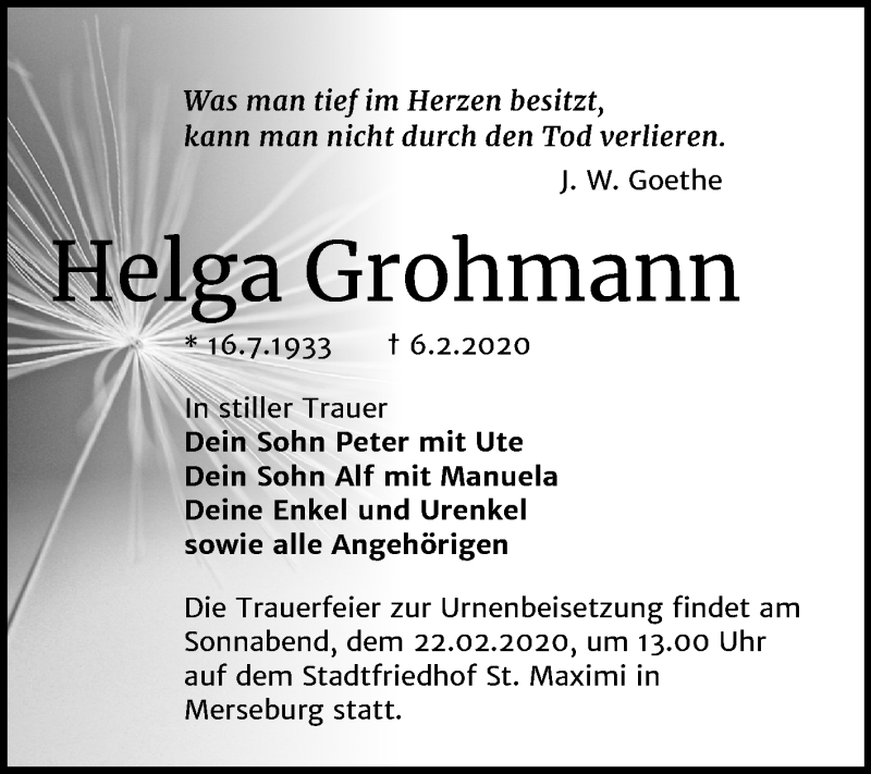  Traueranzeige für Helga Grohmann vom 15.02.2020 aus Mitteldeutsche Zeitung Merseburg/Querfurt