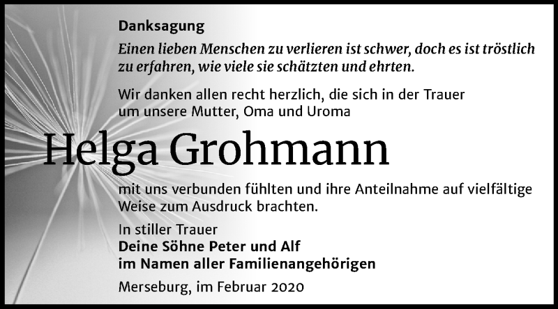  Traueranzeige für Helga Grohmann vom 29.02.2020 aus Mitteldeutsche Zeitung Merseburg/Querfurt