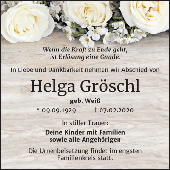 Traueranzeige von Helga Gröschl von Super Sonntag Köthen