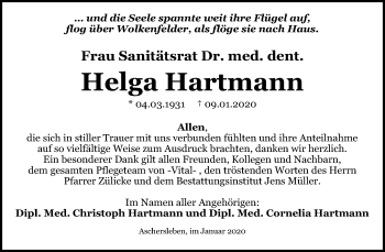Traueranzeige von Helga Hartmann von Mitteldeutsche Zeitung Aschersleben