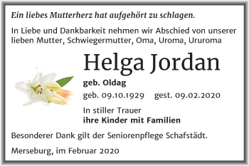 Traueranzeige von Helga Jordan von Mitteldeutsche Zeitung Merseburg/Querfurt