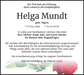 Traueranzeige von Helga Mundt von Mitteldeutsche Zeitung Wittenberg