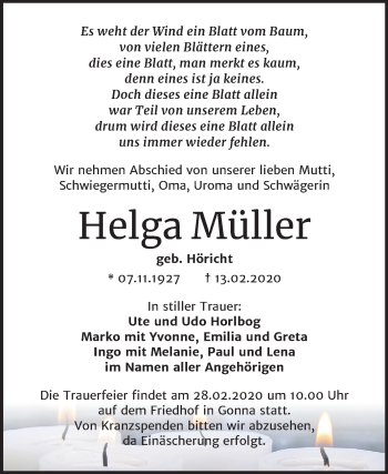 Traueranzeige von Helga Müller von Mitteldeutsche Zeitung Sangerhausen
