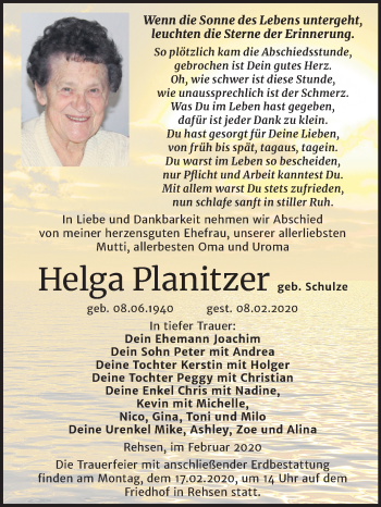 Traueranzeige von Helga Planitzer von Mitteldeutsche Zeitung Wittenberg
