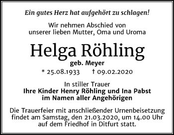 Traueranzeige von Helga Röhling von Mitteldeutsche Zeitung Quedlinburg