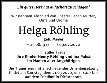 Traueranzeige von Helga Röhling von Mitteldeutsche Zeitung Aschersleben