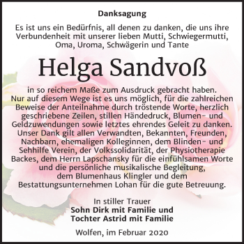Traueranzeige von Helga Sandvoß von Mitteldeutsche Zeitung Bitterfeld