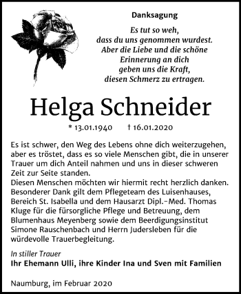 Traueranzeige von Helga Schneider von Wochenspiegel Naumburg/Nebra