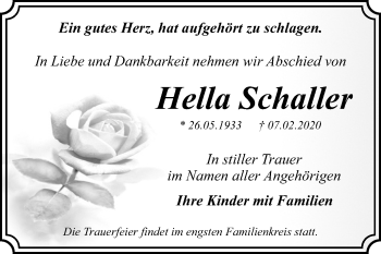 Traueranzeige von Hella Schaller von Super Sonntag Dessau-Roßlau