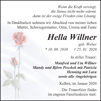 Traueranzeige von Hella Willner von Mitteldeutsche Zeitung Sangerhausen