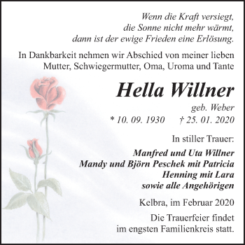 Traueranzeige von Hella Willner von Super Sonntag Sangerhausen