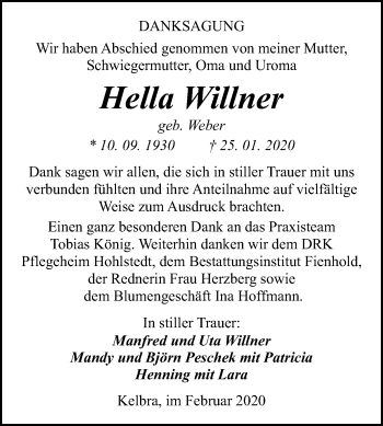 Traueranzeige von Hella Willner von Super Sonntag Sangerhausen