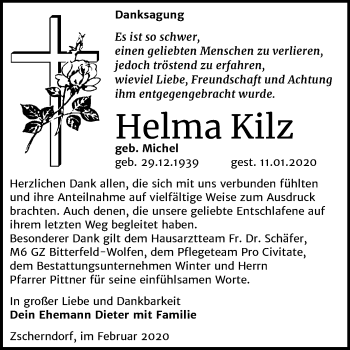 Traueranzeige von Helma Kilz von Wochenspiegel Bitterfeld