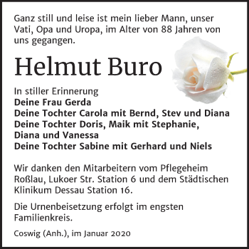 Traueranzeige von Helmut Buro von Super Sonntag Wittenberg