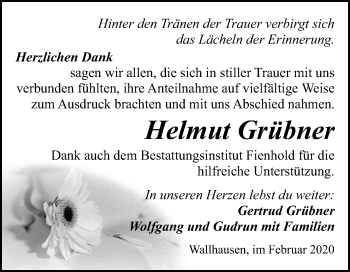 Traueranzeige von Helmut Grübner von Super Sonntag Sangerhausen