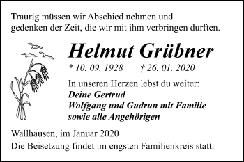 Traueranzeige von Helmut Grübner von Super Sonntag Sangerhausen