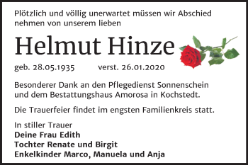 Traueranzeige von Helmut Hinze von Super Sonntag Dessau-Roßlau
