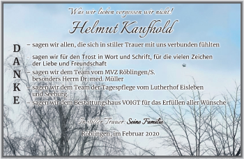 Traueranzeige von Helmut Kaufhold von Mitteldeutsche Zeitung Mansfelder Land