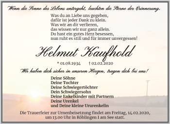 Traueranzeige von Helmut Kaufhold von Mitteldeutsche Zeitung Mansfelder Land