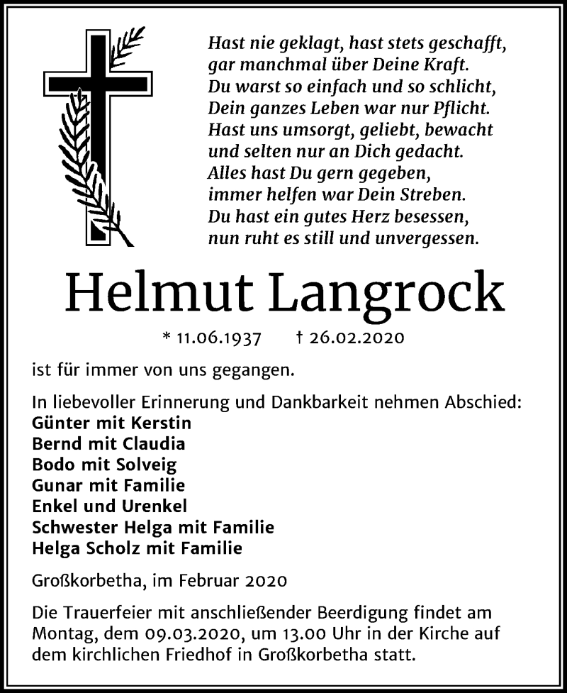  Traueranzeige für Helmut Langrock vom 29.02.2020 aus Mitteldeutsche Zeitung Weißenfels