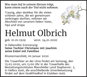Traueranzeige von Helmut Olbrich von Wochenspiegel Mansfelder Land