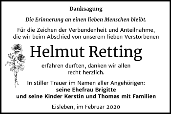Traueranzeige von Helmut Retting von Mitteldeutsche Zeitung Mansfelder Land