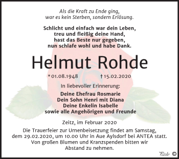 Traueranzeige von Helmut Rohde von Mitteldeutsche Zeitung Zeitz