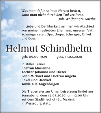 Traueranzeige von Helmut Schindhelm von Super Sonntag Merseburg/Querfurt
