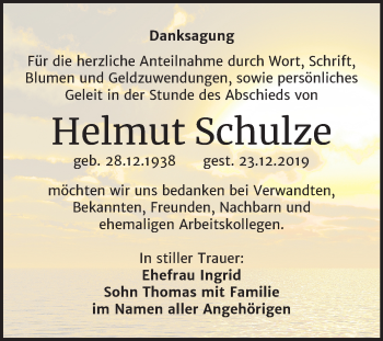 Traueranzeige von Helmut Schulze von Mitteldeutsche Zeitung Bitterfeld